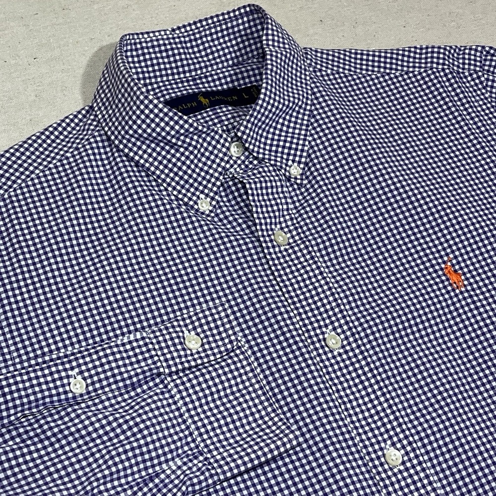 Ralph Lauren Men's L Purple Gingham Check Button Down L/S Shirt Orange Pony